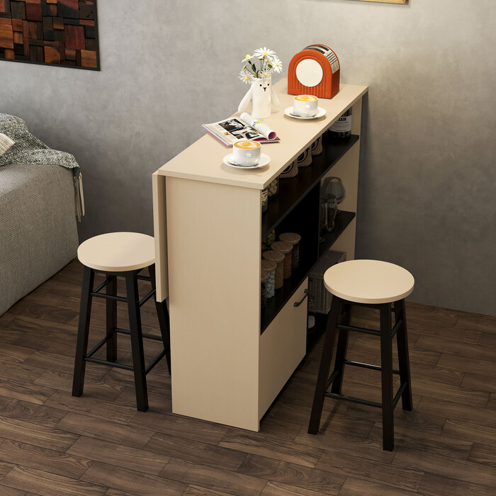 HOMCOM Bar Table with Bar Stool Set, 3-Piece Bar Table Set, Dining Table with Folding Tabletop, Kitchen Table with Cabinet, Dining Set for Dining Room, Living Room, Black | Aosom
