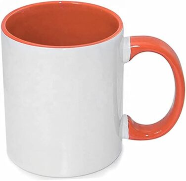 MR.R Set of 6 Sublimation Blanks, Dishwasher Safe, White Ceramic Mug, Porcelain, Coffee Mug with Inner Handle, Orange Color, Round Handle, 11 Ounces, for Heat Transfer Printing
