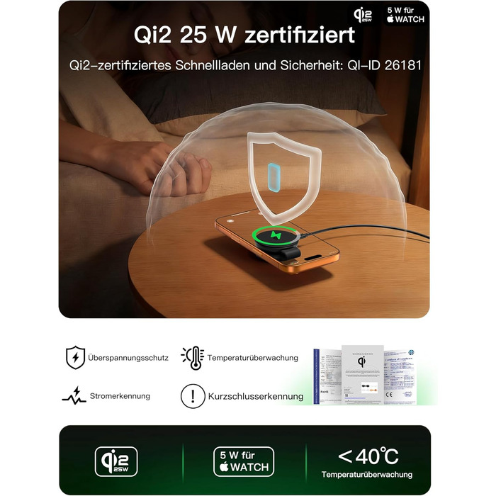 Бездротовий зарядний пристрій 2-в-1 Qi2 25W з MagSafe для iPhone 15/14/13/12, Apple Watch, AirPods + Блок живлення 30W (Чорний)