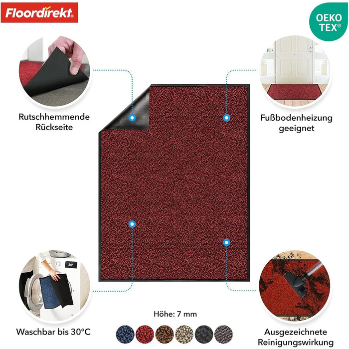 Килимок для підлоги Floordirekt Rhine - миючий, потужний, з антиковзким покриттям - килимок для входу (Sparrow), червоний (меланж), 80x120 см
