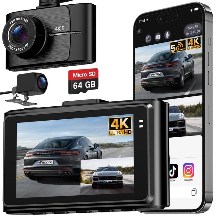 Автомобільний відеореєстратор Wecool 4K+2.5K (передній та задній), 2 канали, кут 170°+150°, 64GB SD-карта, 5GHz WiFi, нічна зйомка, G-сенсор, циклічний запис, цілодобовий моніторинг паркування
