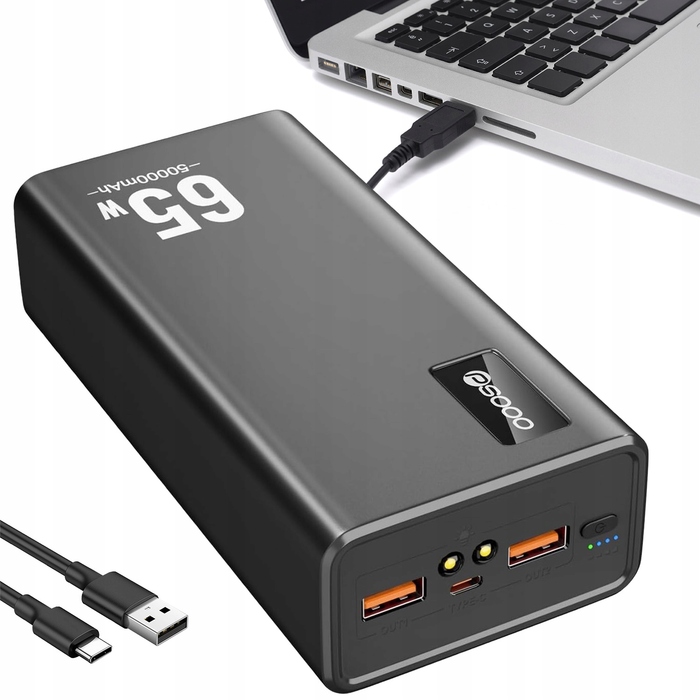 Потужний павербанк 50 000 mAh, чорний, з 4 USB-портами та швидкою зарядкою
