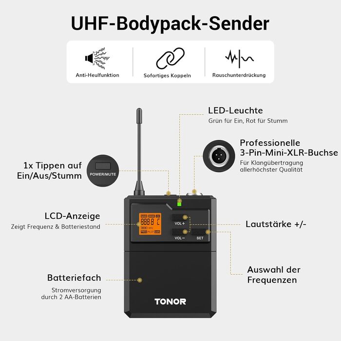 TONOR Бездротовий мікрофонний комплект UHF з 4 каналами: ручний, нагрудний, наголовний мікрофон, 90 м радіус дії, для співу, караоке, 2 ручні мікрофони та 2 нагрудні передавачі