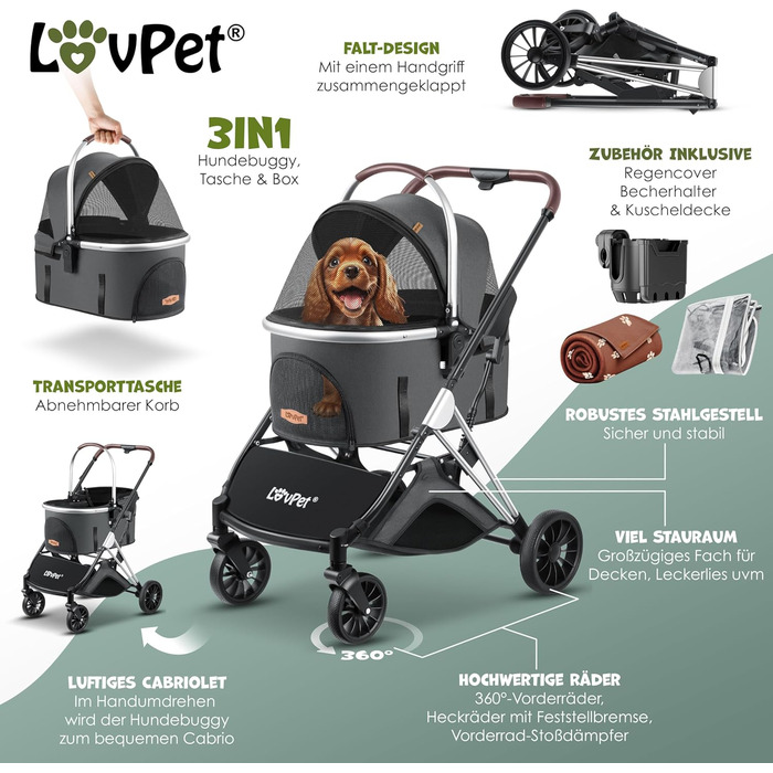 Візок для собак 3в1: візок-переноска, сумка-переноска, лежанка. До 20 кг, великі колеса, сітчасті вікна, дощовик, тримач для напоїв, м'яка ковдра. Підходить для собак та котів, колір антрацит.