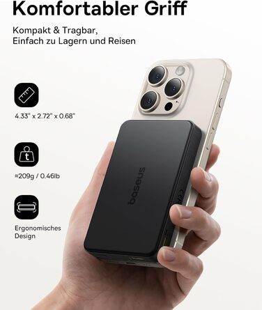Power Bank Baseus 10000mAh: Бездротова зарядка 15W, MagSafe, PD 22.5W, USB-C, Білий/Чорний