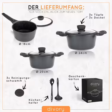 DIVORY Cookware Set - 8-Piece Detachable Handles - Saucepan 18cm, Stockpot 20cm, Pot 24cm with Lid, Induction Cookware, Non-Stick Cookware, Dishwasher & Oven Safe Black Cookware Set (18/20/24cm)