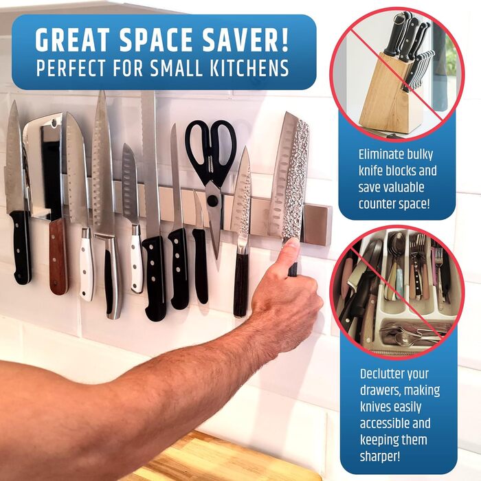 Strong Adhesive (No Drilling) Magnetic Knife Holder for Wall – Professional 24 Inch Knife Strip – No Screws Required – Self-Adhesive Backing – Stainless Steel Knife Rail