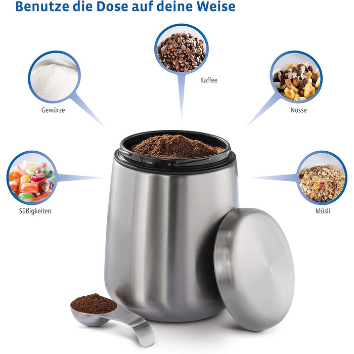Stainless Steel Coffee Canister 500g (airtight stainless steel canister including magnetic measuring spoon in the lid, anti-fingerprint coffee container, coffee box for storing 500g of ground coffee/beans) silver