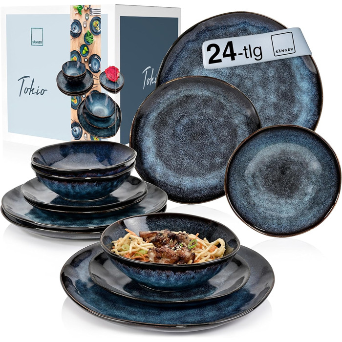 Singer | Tokio 24-Piece Dinnerware Set, Tableware Set for 8 People, Stoneware Tableware Set, Dinnerware, Modern Handmade, Dark Blue Dinner Service with Black Accents | PREMIUM COLLECTION