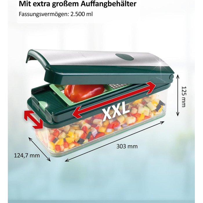 Набір для нарізки овочів Genius Nicer Dicer Exclusive 15 елементів: кубики, томати, тертка, слайсер, контейнер 2500 мл, зелений