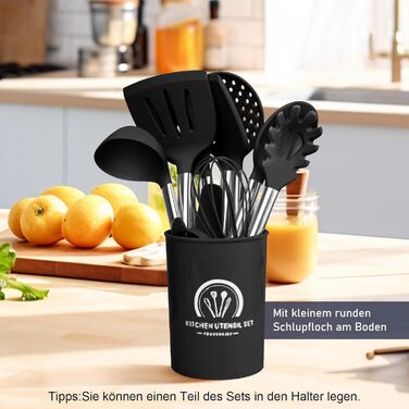 Набір кухонних помічників 45 предметів: силіконове кухонне приладдя, тримач, вінчик з нержавіючої сталі, половник, лопатка, придатне для миття в посудомийній машині, чорний