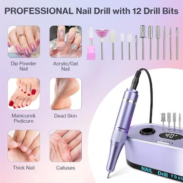 Електрична нігтьова фрезерна машинка для манікюру та педикюру, 40000 об/хв, LCD дисплей, професійний набір, фіолетовий
