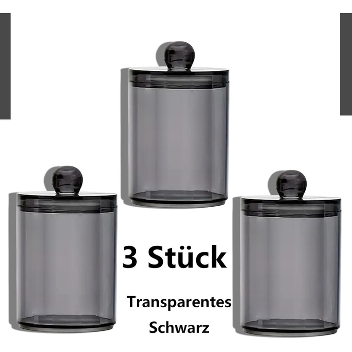 Організатор для ватних паличок та дисків: набір з 3 шт. Чорний акриловий контейнер з кришкою для ванної, спальні, вітальні