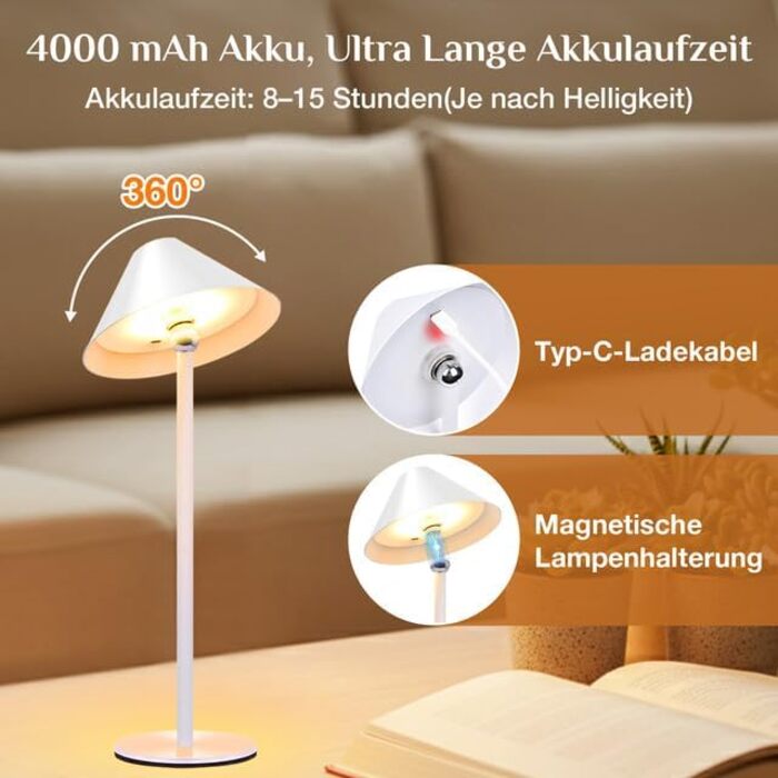 Світлодіодний акумуляторний настільний світильник Rosnek з магнітним кріпленням, димуванням, 3 режими кольору, 4000 mAh, для дому та вулиці (2 в упаковці, білий)