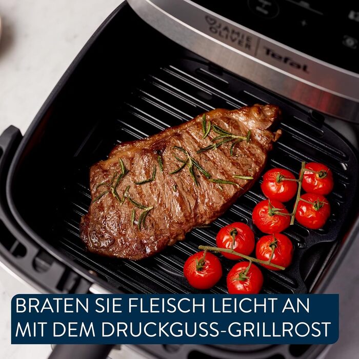 Аерофритюрниця Jamie Oliver by Tefal Easy Fry Silence Deluxe EY55JDE0, тиха, 5 л, 10 програм, цифровий сенсорний дисплей, з решіткою та кришкою, чорний/нержавіюча сталь