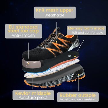 Робочі черевики Nasogetch для чоловіків та жінок. Безпекові черевики з металевим носком, спортивного стилю, з антиковзким покриттям, дихаючі, розміри 36-48 (38 EU), помаранчеві