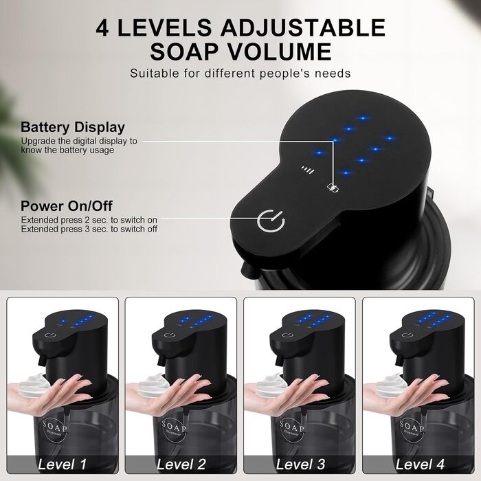 Автоматичний диспенсер для рідкого мила Cuteefun, 400 мл, сенсорний, індикатор заряду, 4 рівні дозування, для ванної, кухні, чорний
