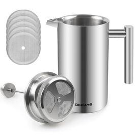 Френч-прес 1000 мл / 8 чашок, кавоварка з нержавіючої сталі, подвійні стінки, ізольована, з фільтром - 1 літр