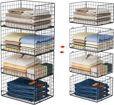 4-Tier Stackable Closet Organizer and Storage Shelves, Clothes Rack, Organizer, Basket Bins, Foldable Sweater Storage for Closet Organizer System, Black (patent pending)