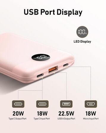 Powerbank VEEKTOMX 10000mAh з PD3.0 та QC3.0, 22,5W, Mini, USB-C, для iPhone/iPad/Samsung/Huawei/Xiaomi/OnePlus, білий/рожевий