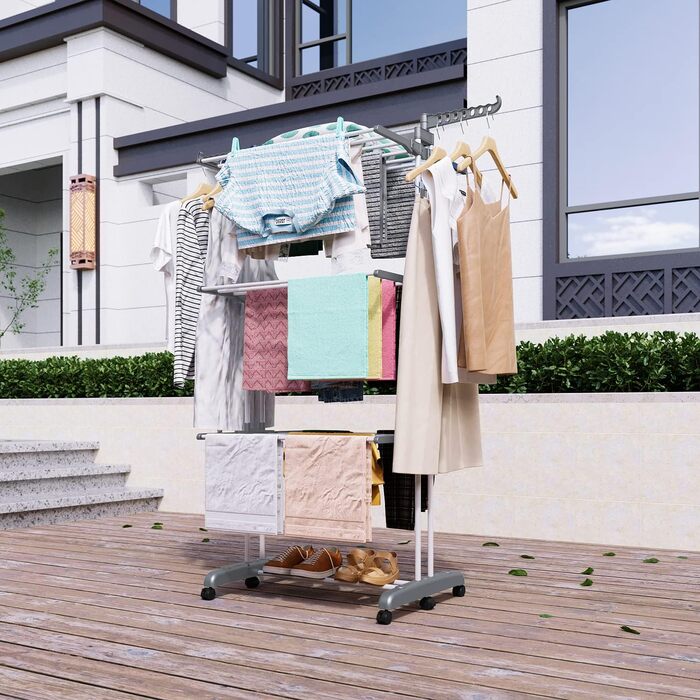 Сушарка для білизни тур-тип на коліщатках, сіра. Розкладна конструкція, 6 крил, 2 бічні крила, для дому та вулиці