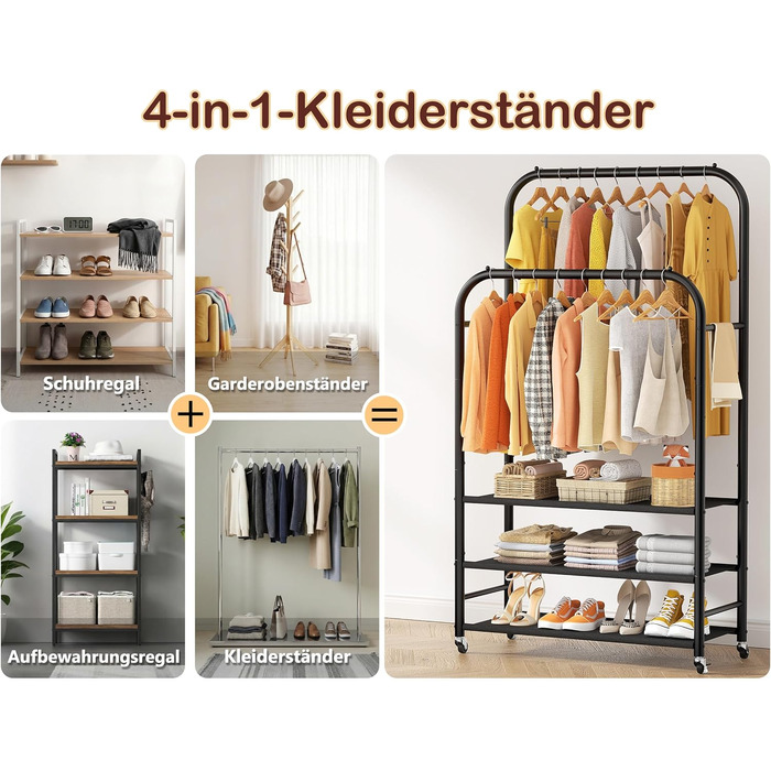 Вішалка для одягу HOMIDEC з 3 полицями, подвійна штанга на колесах, металевий каркас, чорна. Макс. навантаження 80 кг