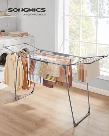 SONGMICS Сушарка для білизни на підставці, сіра, 52.5 x 173 x 96.5 см, з тримачем для шкарпеток, для одягу, рушників, металева