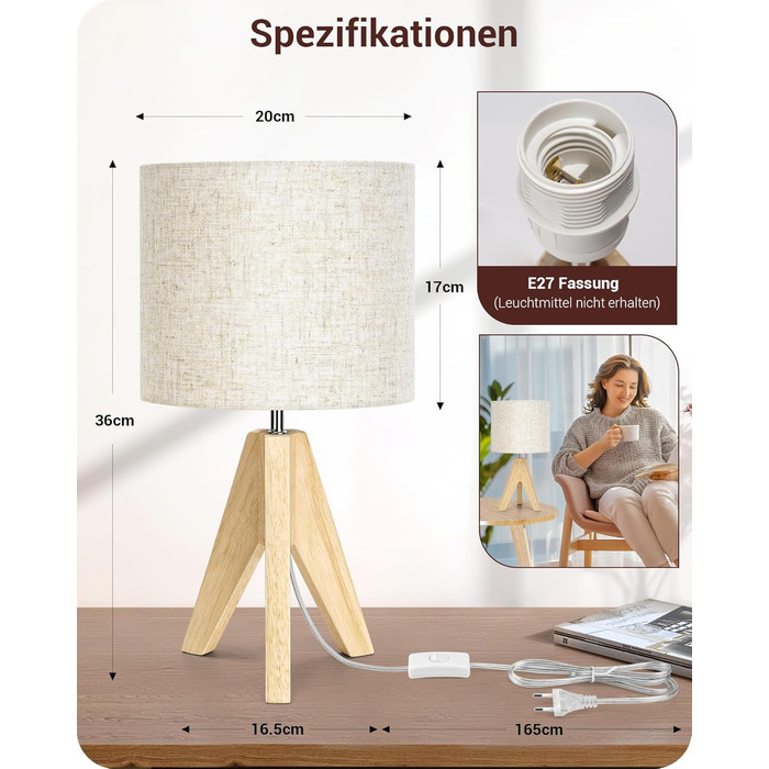 Настільна лампа EDISHINE, 2 шт. у наборі, дерев'яна, з абажуром кольору бежевого льону, цоколь E27, з лампочкою, вінтажний стиль, для спальні, вітальні, подарунок