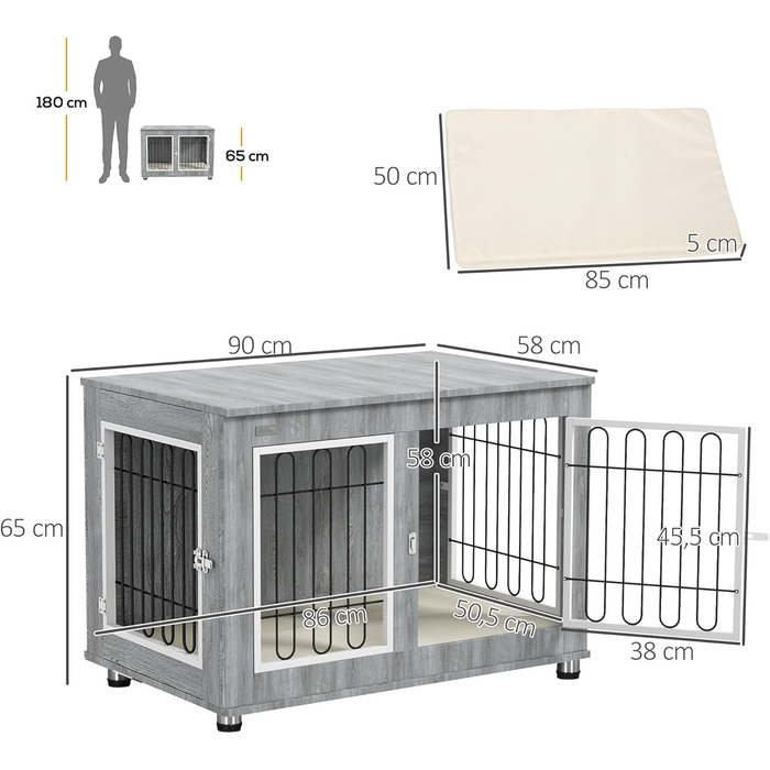 Клітка для собак PawHut 90x58x65 см, сіра, з подушкою та двома дверцятами, для собак до 25 кг