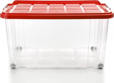 BigDean 4-Piece 60L Storage Box with Lid Large Steel - Stackable, Robust Box, BPA-Free - Rollable Stack Box with Secure Click Closures - Made in Germany (Red Transparent)