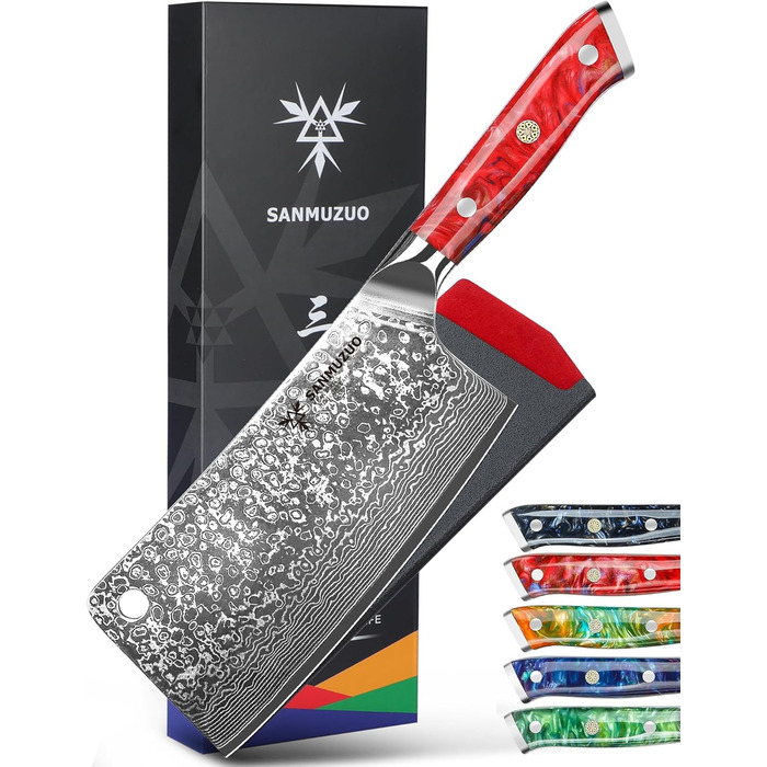 Ніж кухарський Sanmuzuo Hackmesser 17 см, професійний, Дамаск, Xuan Serie, VG10 сталь, ручка з епоксидної смоли (Saphirblau), колір 