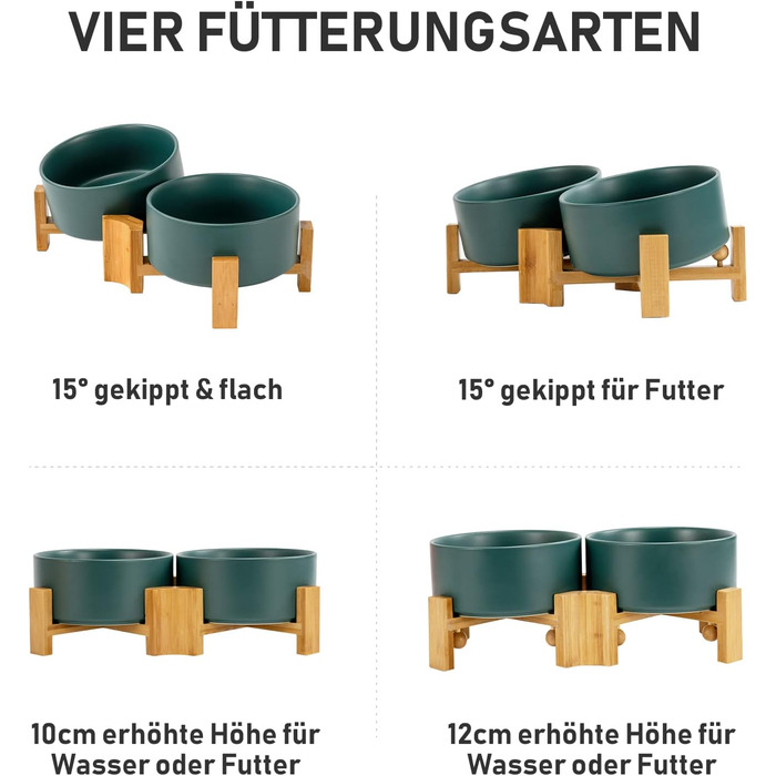 SpunkyJunky Adjustable Ceramic Dog Bowls - 2 Pack, 850ml, Green - Tiltable Pet Food Bowls for Dogs, Cats & Puppies with Bamboo Stand