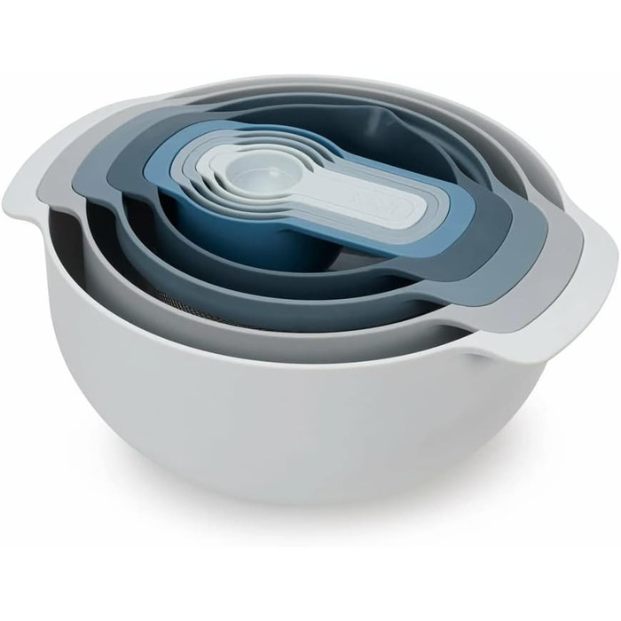 Joseph Joseph Nest 9 Plus 9-Piece Nesting Set with Large and Small Mixing Bowls, Colander, Sieve, 5 Measuring Cups, Sky Blue