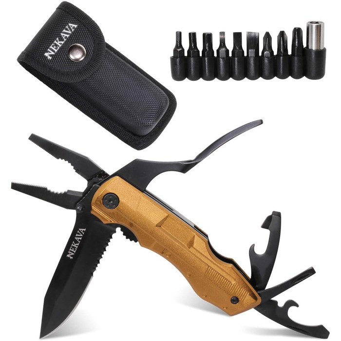 Багатофункціональний інструмент 5-в-1 | Мультитул з складним ножем з чорної нержавіючої сталі та золотим руків'ям. Ідеальний для виживання, відпочинку на природі, побуту. В комплекті безкоштовний інструмент для кредитної картки