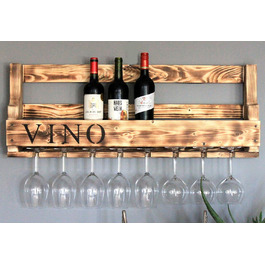 Wooden Wall-Mounted Wine Rack - with Glass Holder and VINO Signage - Charred - Ready to Assemble - Shelf for Wine Bottles and Glasses
