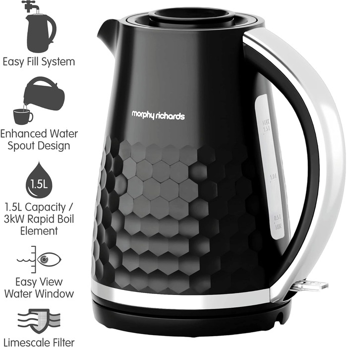 Електричний чайник Morphy Richards Hive, 1.5 л, чорний, з фільтром від накипу, 3 kW