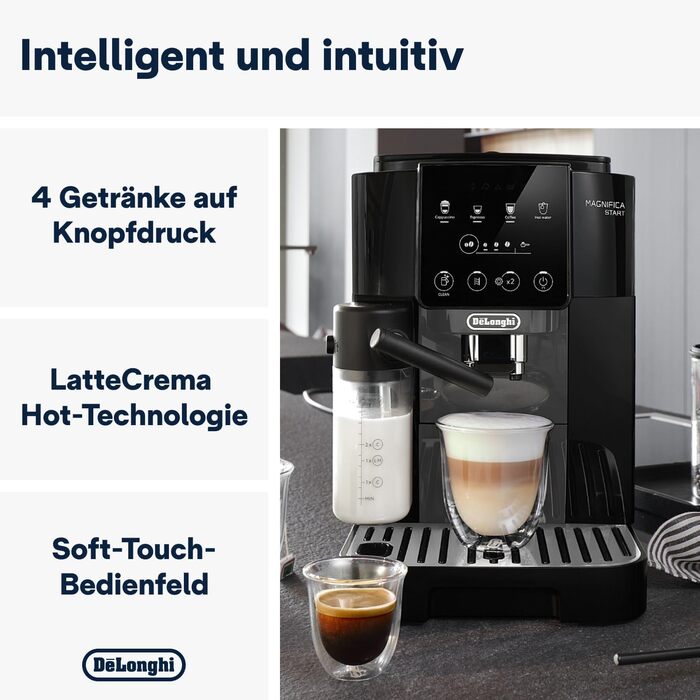 De'Longhi Magnifica Start ECAM222.60.BG, fully automatic coffee machine with LatteCrema milk system for automatic cappuccino, 4 direct selection buttons, soft-touch control panel, 