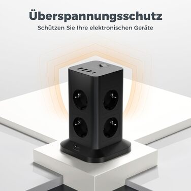 Многофункціональна мережева розетка TESSAN з 8 розеток, USB-C, захистом від перенапруги, вимикачем та кабелем 2м (3600W)