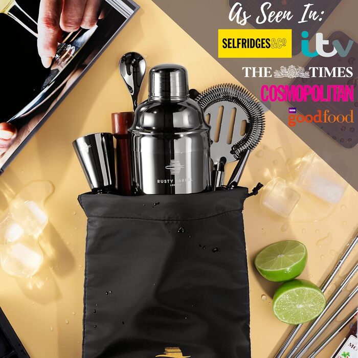 Rusty Barrel Knightsbridge Cocktail Set – Black Stainless Steel Shaker, Wooden Muddler, Bar Strainer, Jigger, Pourer, Coasters, Spoon & Recipe Booklet | Cocktail Accessories in a Luxurious Gift Box
