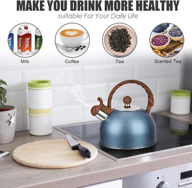 Чайник з свистком 2.5L з нержавіючої сталі для всіх плит, включаючи індукцію, з автоматичним кип'ятінням та дерев'яною ручкою (блакитний)