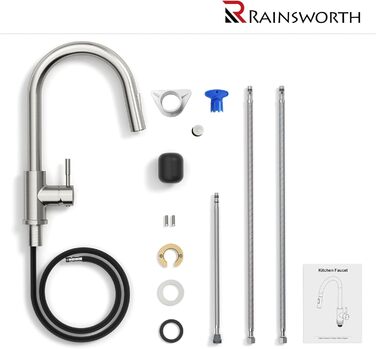 Кран кухонний Rainsworth з висувною лійкою та душем, 360° поворот, нержавіюча сталь, висота 56 см