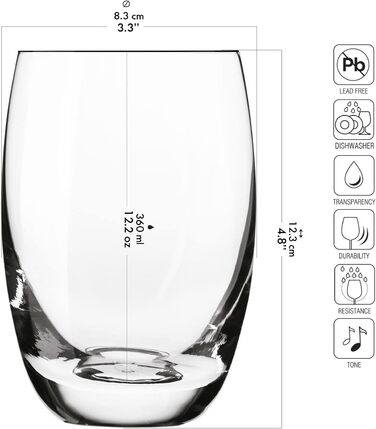 Krosno Water Glasses, Juice Glasses, Drinking Glasses | Set of 12 | 360 ML | Elite Collection | Perfect for home, restaurants, and parties | Dishwasher safe