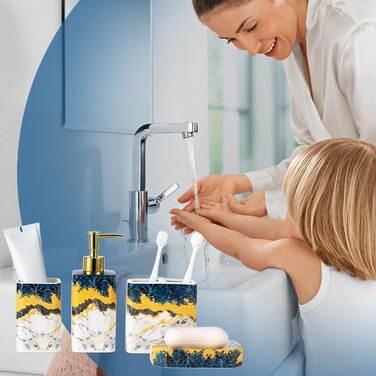 Набір аксесуарів для ванної кімнати (4 шт) – білий набір з дозатором для лосьйону, тримачем для зубних щіток, склянкою та мильницею – блискуча поверхня (мармур, білий)