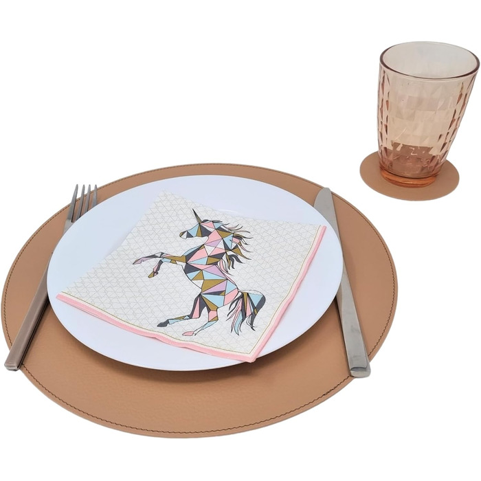 Nikalaz Round Placemats and Coasters made of Recycled Leather, Table Sets, 2 Piece Table Mats, Placemats 33 cm (Crocodile Embossing) (Camel)