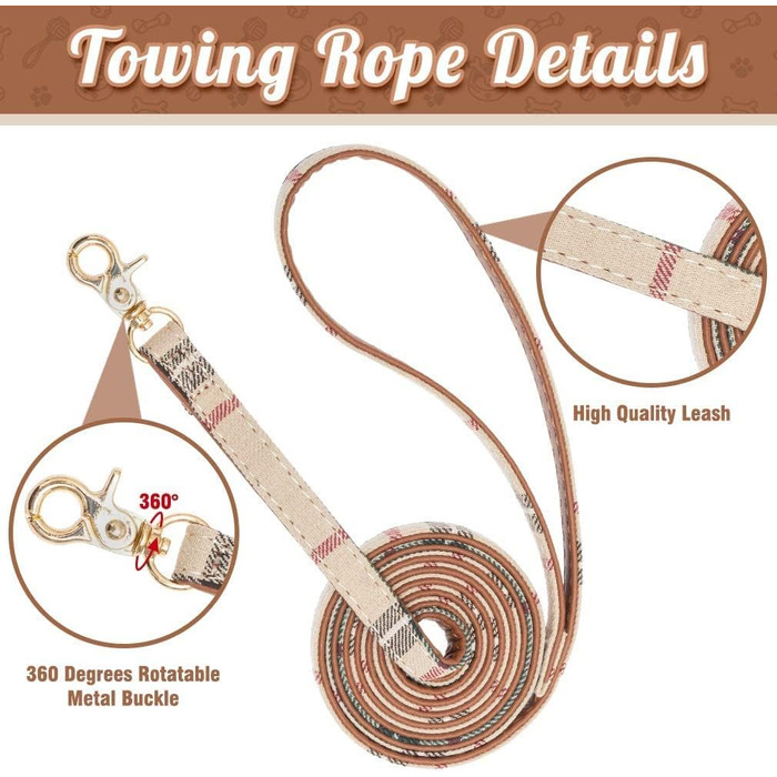 Набір аксесуарів для собак ExPawlorer: нашийник у клітинку з краваткою, рушник на шию, нашийник з дзвіночком та поводок, антизаплутування, регульований, бежевий, X-Small