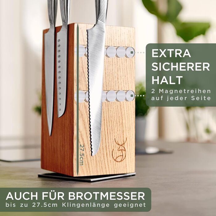 WALDWERK Knife Block without Knives - Magnetic and Swivel Knife Block Made of High-Quality Oak Wood - Knife Holder for Knives