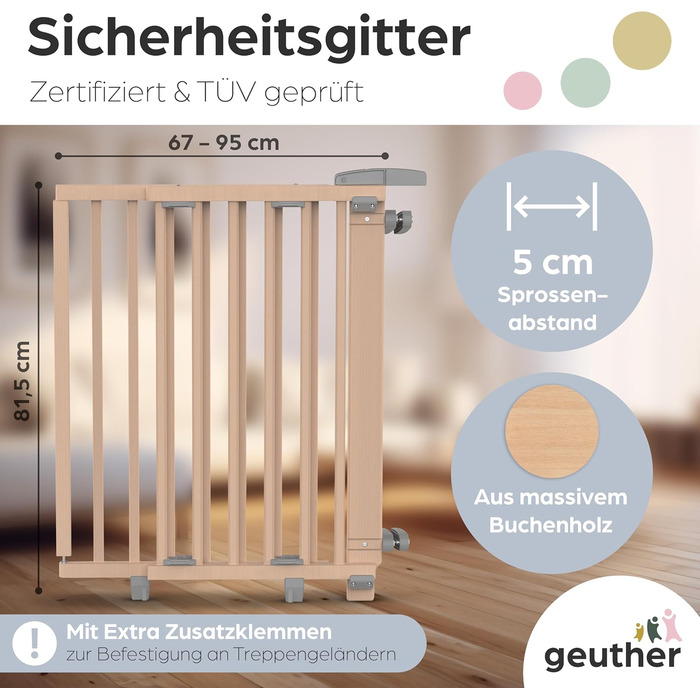 Захист для сходів Geuther Oris | Дверний замок для сходів з кріпленням, ширина 67-95 см | Дверний замок з розсувною дверцятами | Дерев'яне дитяче захисне ворота, натуральний лак 67-95 см