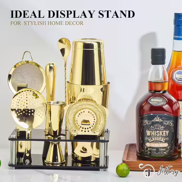 Boston Shaker Set - 10-Piece Stainless Steel Cocktail Shaker Set with Acrylic Base, Hawthorne Strainer, Ice Tongs, Bar Spoon, Jigger, Muddler - Perfect for the Home Bar (Gold)