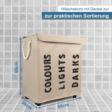 osoltus Laundry Box - Laundry Sorter with Lid & Wheels - Bathroom Organizer - Laundry Basket - Laundry Chest - Bathroom Laundry Sorting System - Sand