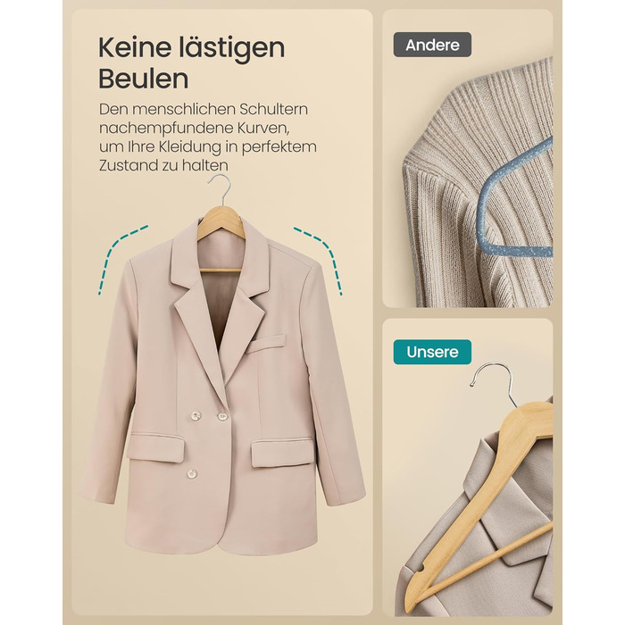 Плечики для одягу SONGMICS з дерева, набір 20 шт., дерев'яні тонкі плечики, для сорочок, жакеток та штанів, з вирізами для плечей, 360° обертовий гачок, береза, білий, CRW0W02